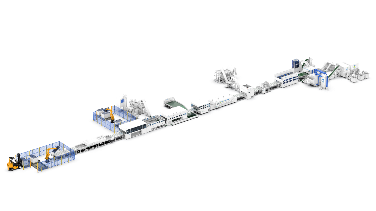 Physical + pyrolysis PV module recycling line layout